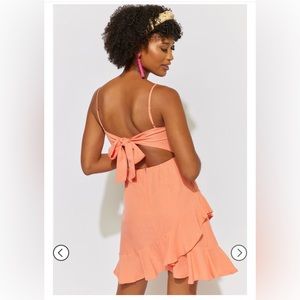 Francesca’s coral ruffle mini dress with back tie and lower zipper